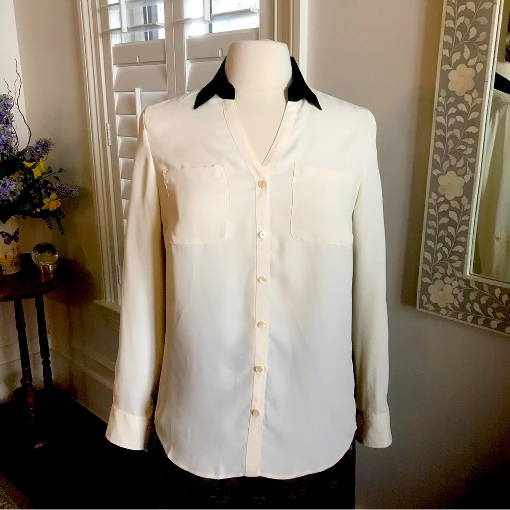 Talbots Ivory Shirt Style Blouse with Black Trim